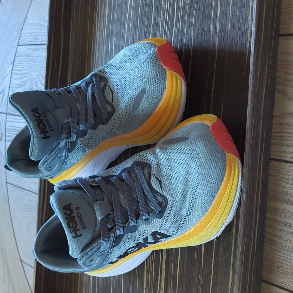 Hoka Bondi Men's Gray and Yellow Running Sneakers with Red Accents